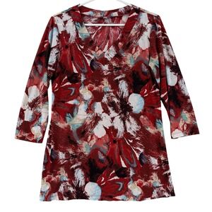 Iolani Shirt Womens Medium Red Floral‎ V Neck 3/4 Sleeve Tunic Top Stretch